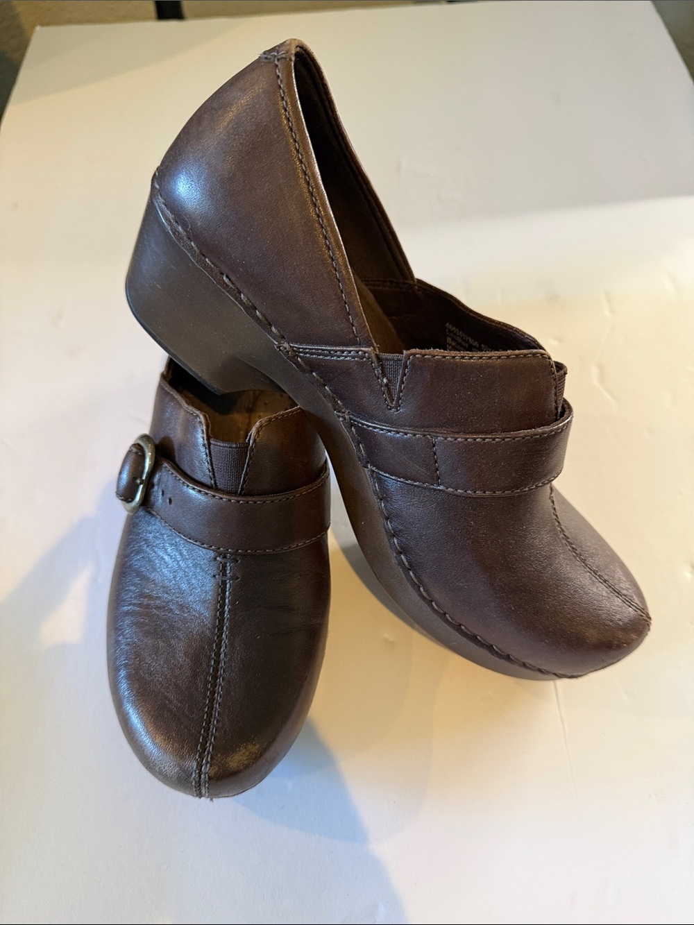 Women's Dark Brown Leather Slip-On Clog with Buckle Strap